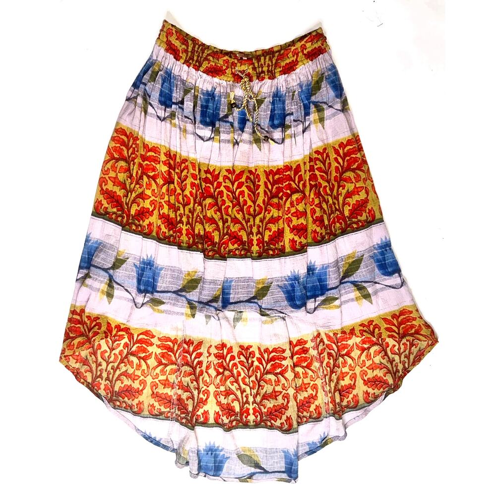 Free People Orange and Blue A-Line Midi Skirt
